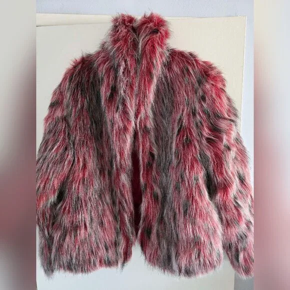 VINTAGE Sans Souci Women's Faux Fur Coat Red Size M - Picture 1 of 7